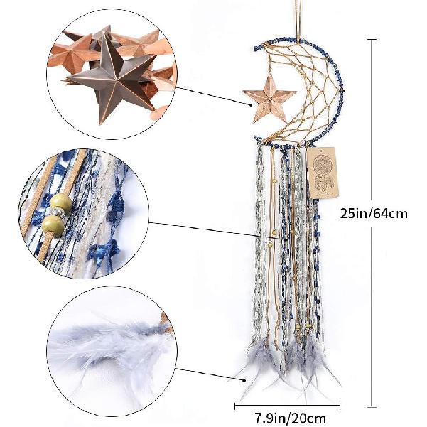Dremisland Blue Dream Catcher Handmade Half Circle Moon Design Dream Catcher Feather Hanging with Star Home Decoration Ornament Festival Gift (Moon&