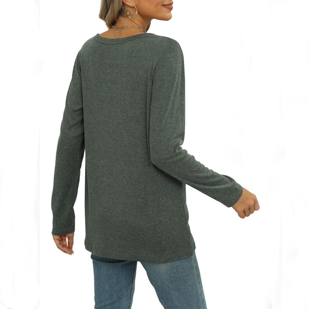 Женская модная повседневная футболка с V-образным вырезом, цветная, хлопковая, однотонная, с длинным рукавом, свободного кроя