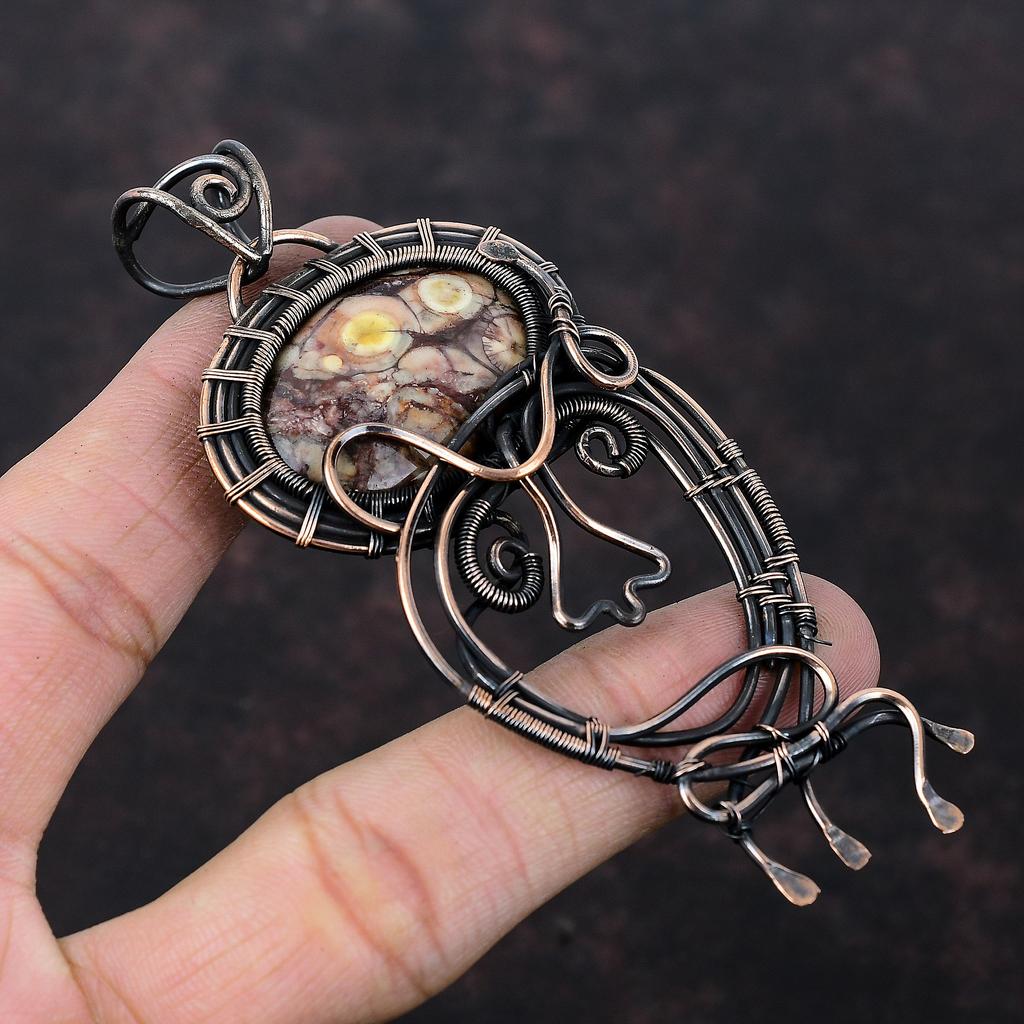 Пейзажная Яшма Медный Кулон Кулон, Оплетенный Проволокой Ручной Работы Медные Украшения Оригинальный Кулон с Драгоценным Камнем Уникальные Украшения из Проволоки Подарок для Нее