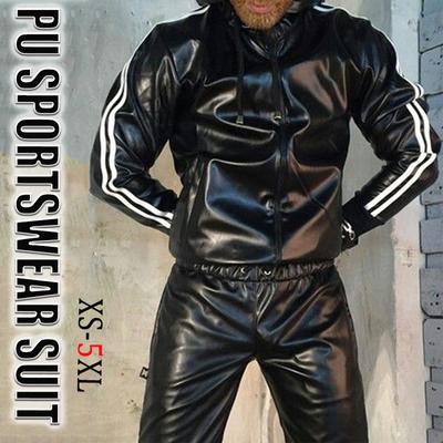 Мужской костюм с капюшоном из искусственной кожи, повседневная спортивная одежда, спортивный костюм с капюшоном, спортивная одежда, черная мужская спортивная одежда XS-5XL