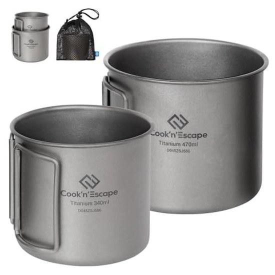 COOKNESCAPE Titanium Mug Set Cup Stacking 340ml + 470ml Direct Flame Compatible Folding Handle