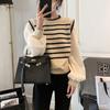 Женский черно-белый полосатый лоскутный искусственный свитер из двух частей, трикотажная блузка с рукавами-фонариками Design Sense для осени и зимы