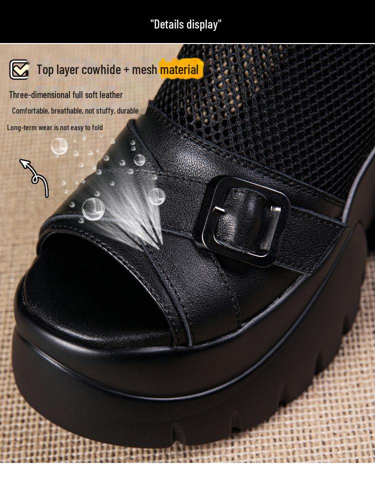 Women's Elevating Leather Roman Sandals - Genuine Cowhide, Thick Sole, Open Toe, Spring/Summer 2025.