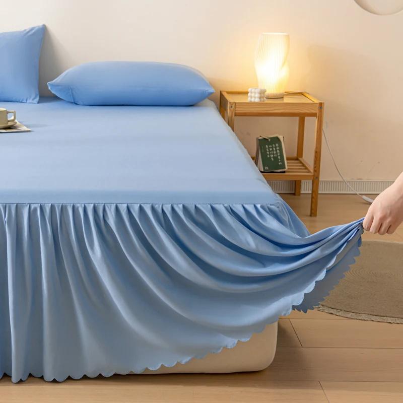 1 шт. однотонная юбка-кровать с кружевом, всесезонное покрывало с оборками, нескользящий чехол для матраса 1,2 м/1,5 м/1,8 м/2 м (Без наволочки)