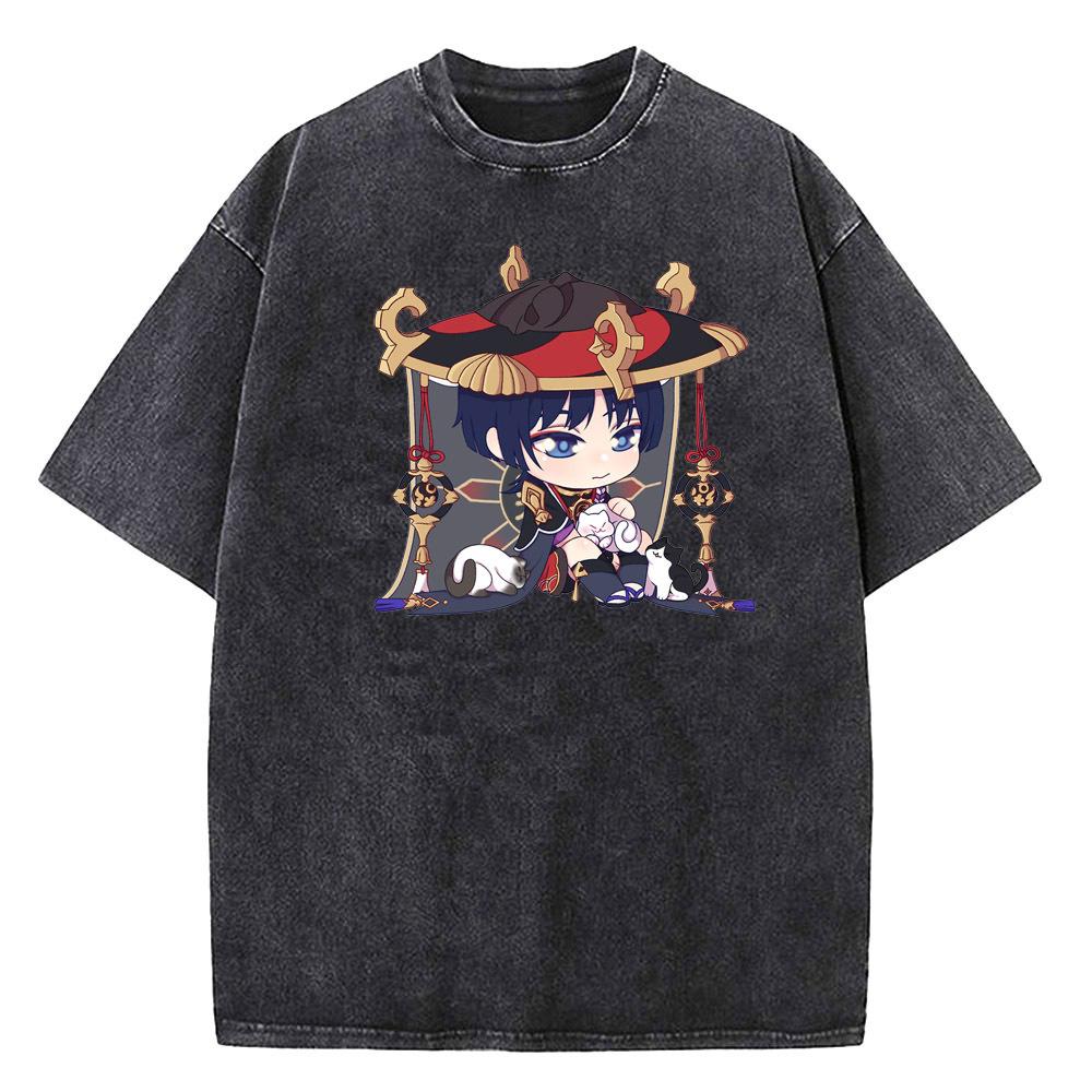 Genshin Impact Washed T Shirt Cotton High Quality Men University Hip Hop 80s Pop Culture T Shirt Classic Kawaii Anime Retro