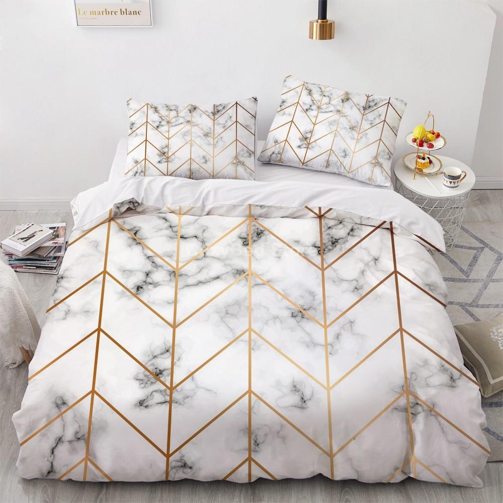 White Gold Marble Pattern Bedding Collection Modern 3D Duvet Cover Collections Comforter With Bed Linen Twin Queen King Single Size Fashion Luxury