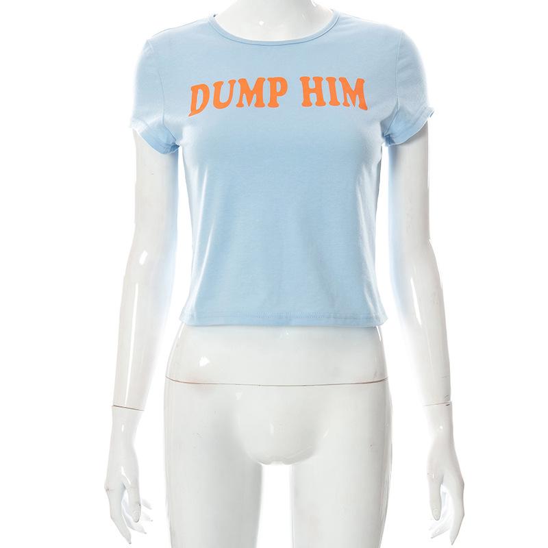Cute 2000s Aesthetics Letter Print Blue Baby Tees Y2K Streetwear O-neck Short Sleeve Crop Tops Women Fashion 2022 Slim