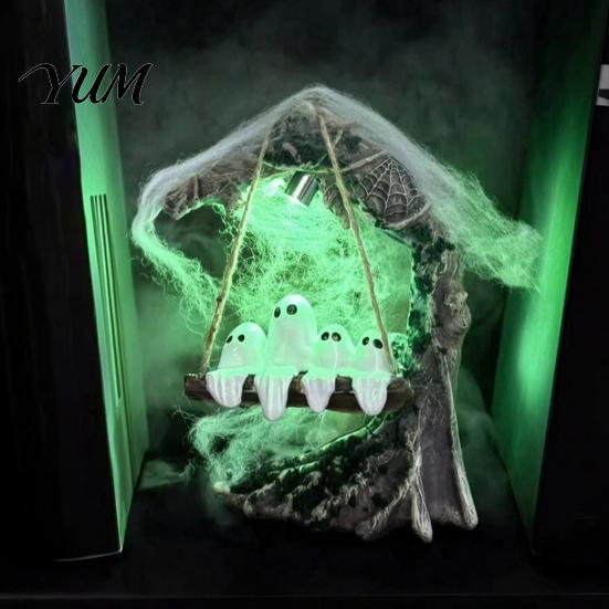 Halloween Mystery Theme Ornament Ghosts on A Tree Swing Statue, Spooky Light Up Swinging Ghost Cute Figurine for Party with Spider Web Desktop
