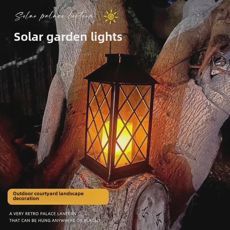 Solar Retro Palace Lantern with Flickering LED Candle for Outdoor Lawn and Garden Decoration