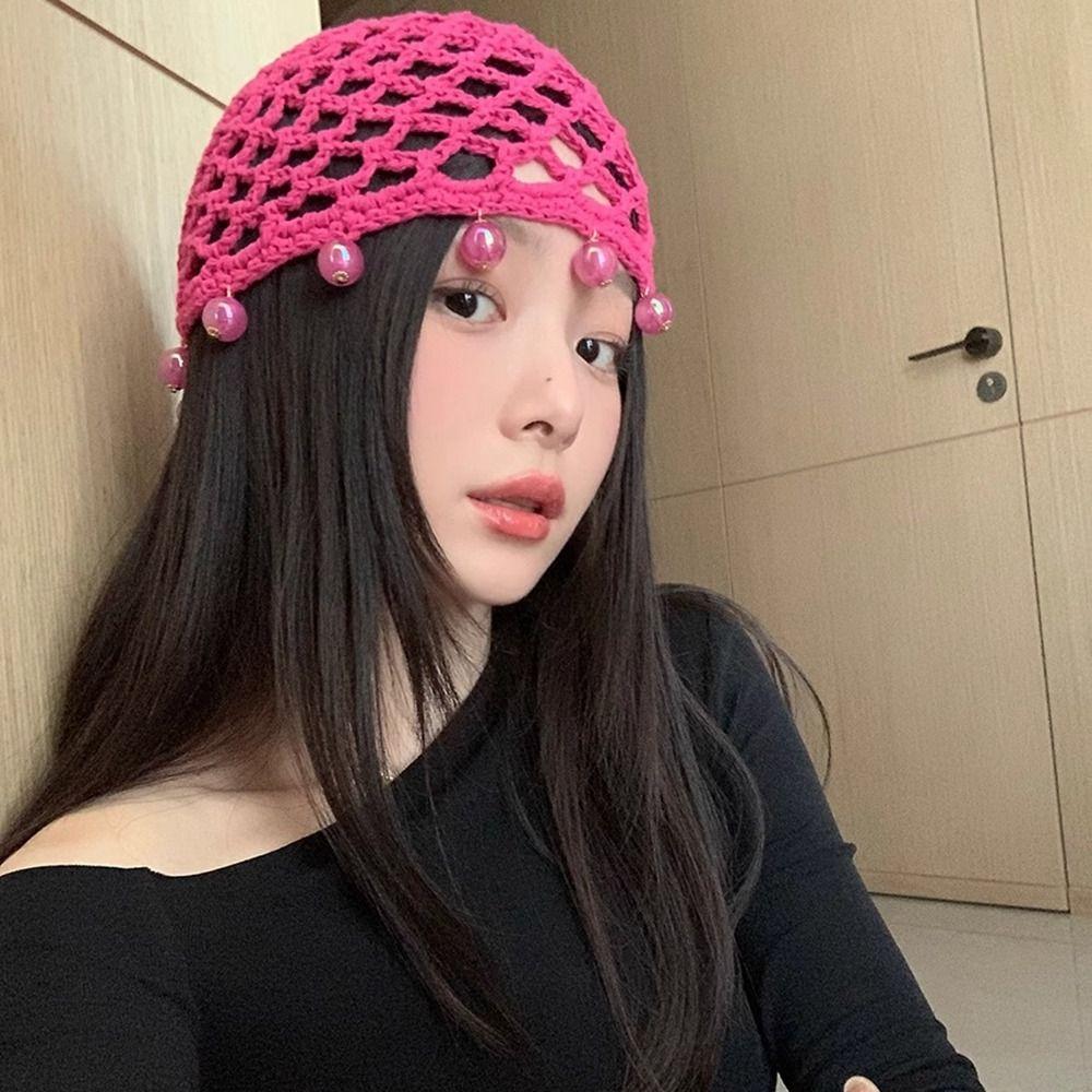 Round Beads Crochet Hollow Tassels Knitted Hat Bohemian Style Ethnic Style Hat Outdoor