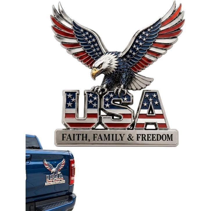 USA Faith Family Freedom Metal Emblem Car Decal Automotive 3D American Flag Badge We the People Patriotic 250th Anniversary Edition Bald Eagle