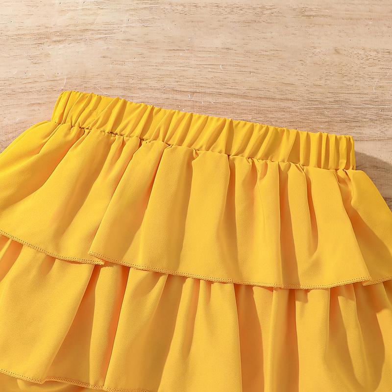 Милый модный комплект для девочек, летний детский элегантный набивной топ с бретельками через шею, юбка с шапочкой, комплект из трех предметов