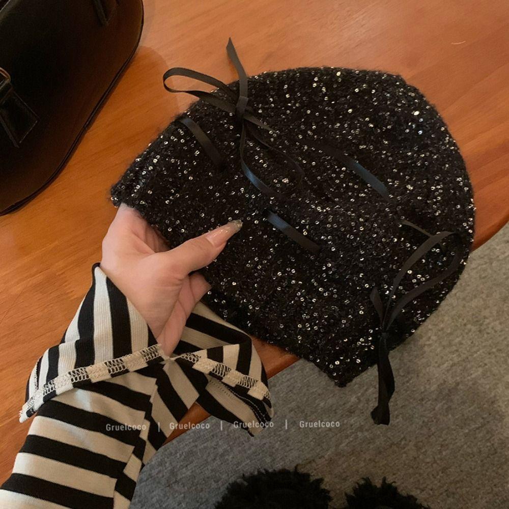 Black Bowknot Beanies Hat Warm Cap Knit Cap Retro Sequin Knitted Hat Apparel Accessories