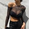 Solid Color Sparkly Hollow Mesh Slant Shoulder Irregular Collar Sexy Women Crop Top