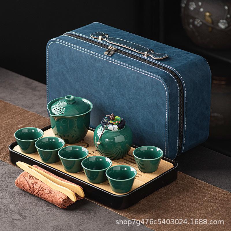 Celadon Ge kiln opening film can raise outdoor portable travel tea set Kuaike tea cup light luxury company gifts