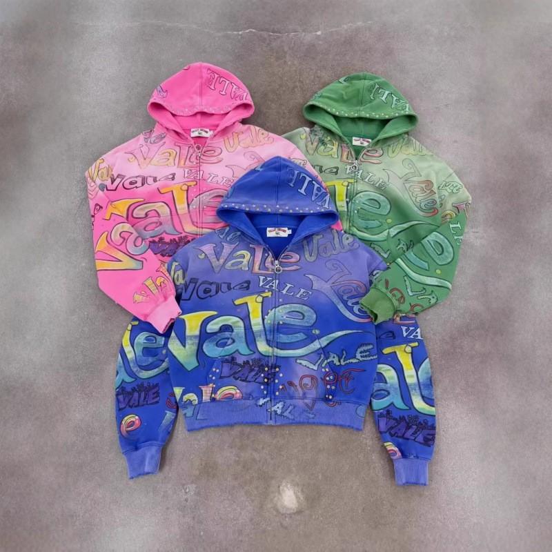 2026 Womens Loose Fit Zip Hoodie American Graffiti Print Casual Sweatshirt Teens