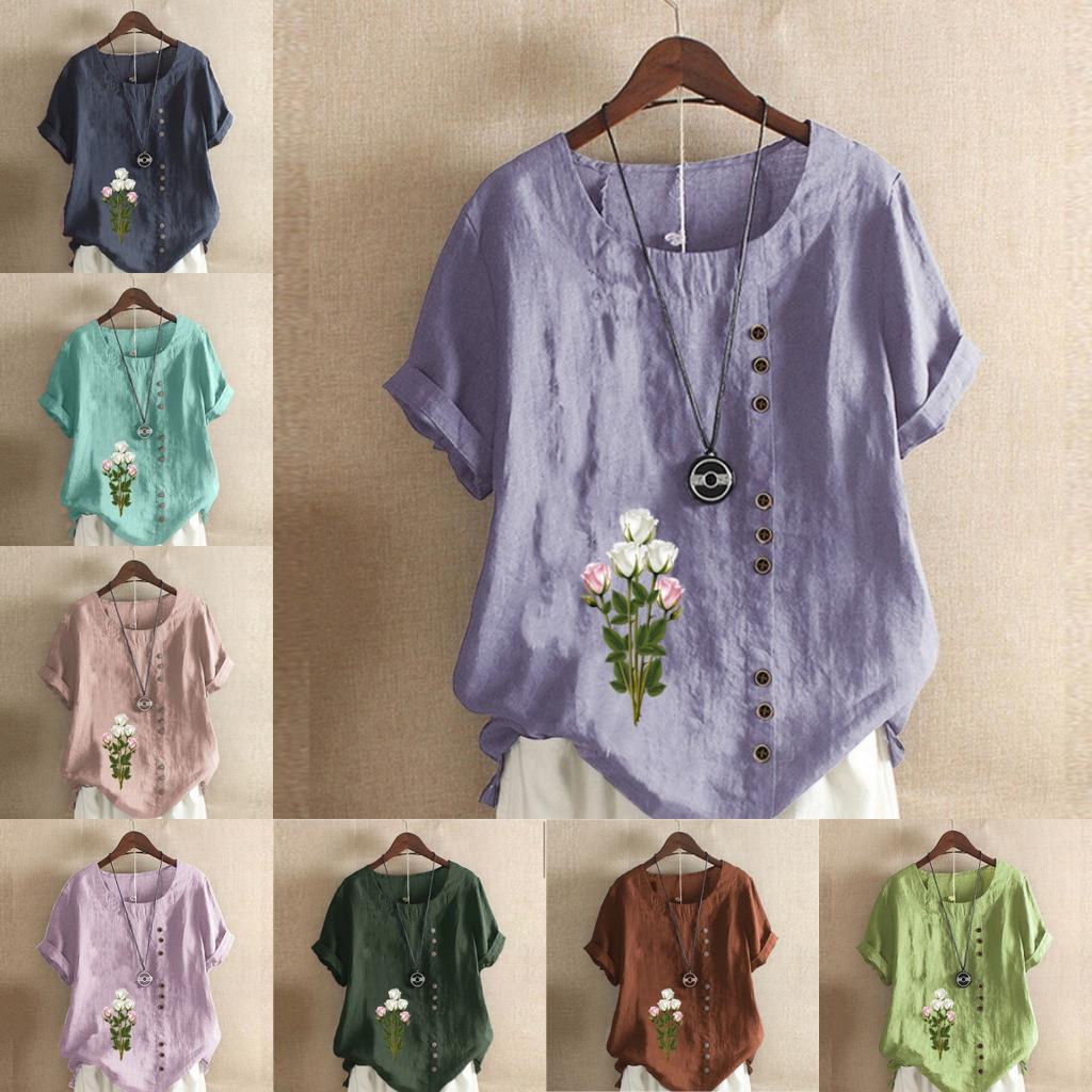Women's Fashion Round Neck Short Sleeve T-shirt Casual Cotton Linen Graphic Shirt Leisure Loose Flowers Prined Summer Blouse Tops