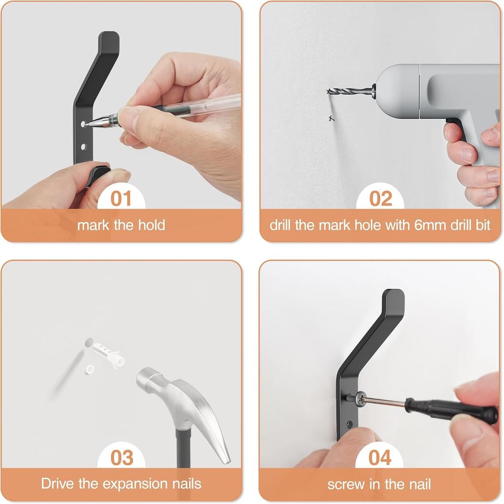 Black stainless steel wall-mounted hooks 10-piece set maximum load capacity: 20 lbs suitable for wardrobes and other settings.