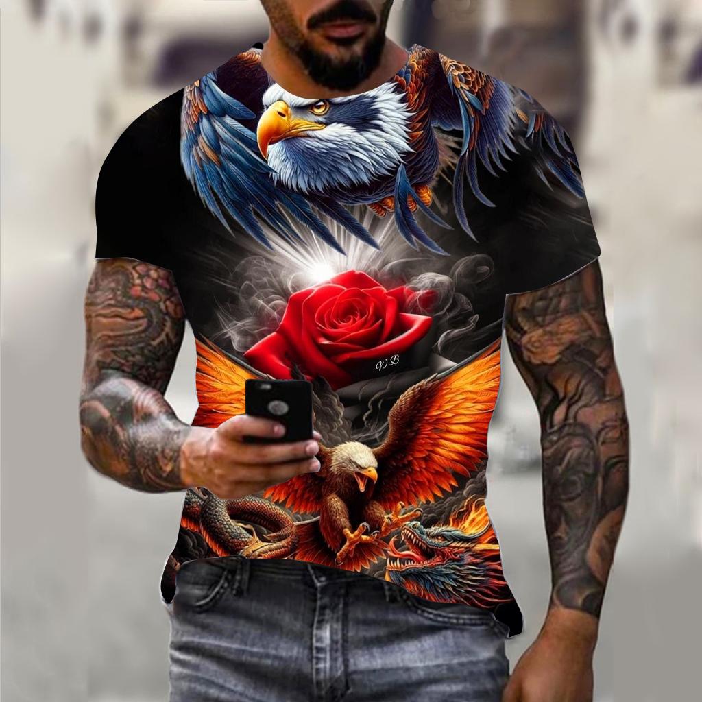 Fun 3D Animal Eagle Print Men's T-shirt Hip Hop Trend Street Casual Round Neck Short Sleeve Loose Top