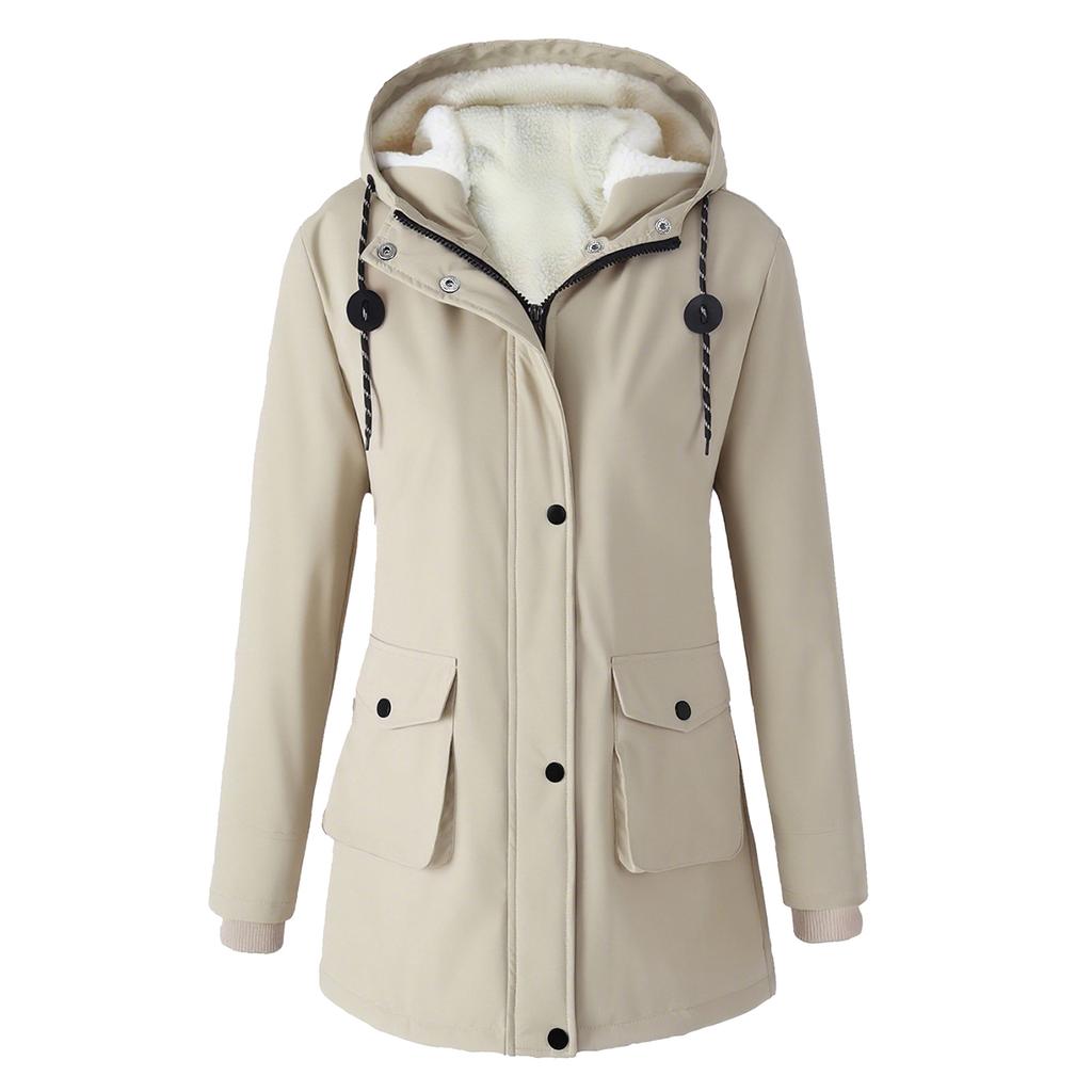 Women's Plush Jacket, Casual Solid Color Hooded Drawstring Jacket