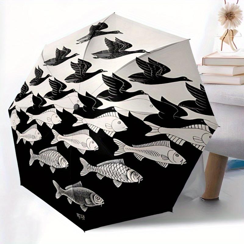 1pc Birds Fishes Automatic Open/close Folding Compact Umbrella, 8-Rib Sturdy Canopy, Lightweight Portable, Everyday Use, Gift, Outdoor Umbrella, Trave