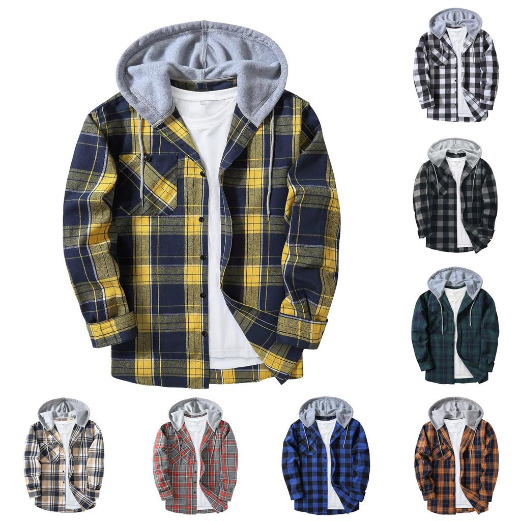 Men's Plaid Shirt Hooded Button Sweatshirt Men's Casual Fashion Sweatshirt