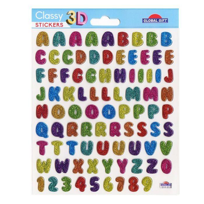 88 Autocollants 3D - Alphabet - Couleurs - Paillettes