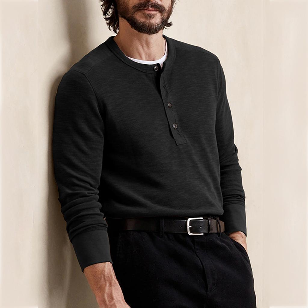 Men's Spring And Autumn Solid Color T-shirt Lapel 3 Button Open Placket Button Long Sleeved Top