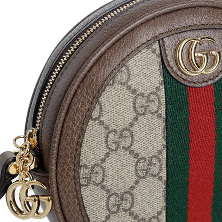 Gucci Круглая монетница из канвы GG Supreme с отделкой из коричневой кожи и полосой Web, Женская сумочка-клатч на запястье для ежедневных поездок 574841-96IWG-8745