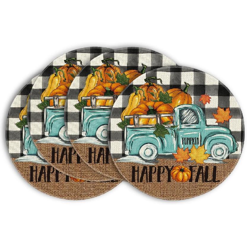 Artoid Mode Buffalo Plaid Truck Pumpkin Round Fall Placemats Set of 4, 14 Inch Seasonal Thanksgiving Round Table Mats for Dining Decoration
