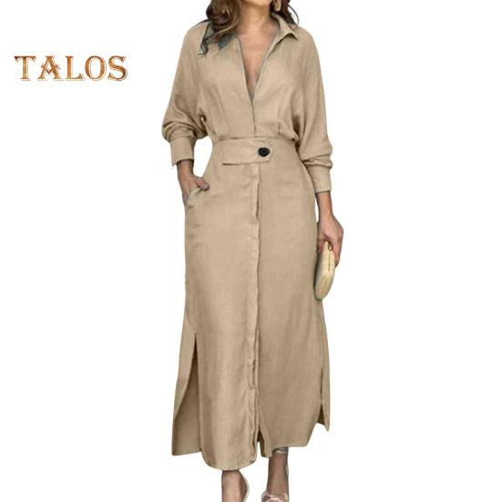 Осенне-весеннее женское платье с тонкой талией и длинными рукавами, однотонное платье с отворотом и v-образным вырезом, однотонное платье макси для свиданий