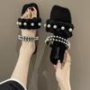 Fashion Pearl Sandals for Woman Summer 2024 with Low Heels One Word Black Women's Shoes Footwear Shoe Trend Korea On Offer H Vintage F