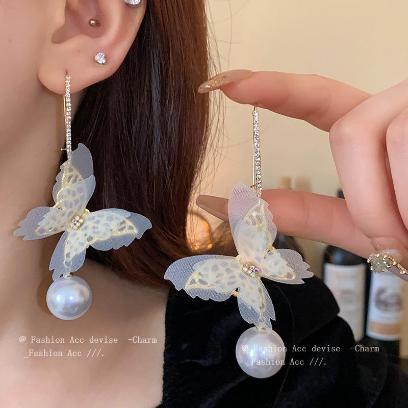 Diamond mesh pearl earrings light luxury fashion high sense ear hook niche personality versatile earrings women