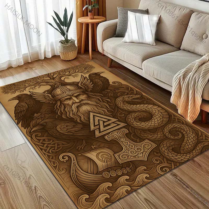 Retro Viking Print Carpet for Bedroom Living Room Bedside Sofa Floor Mat Modern Home Decor Area Rug Large Size Machine Wash