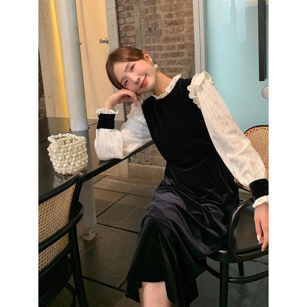 Женское бархатное платье с завышенной талией Thirteen Lines - Осень/Зима 2022, Французский стиль, Длинная юбка, Возврату не подлежит