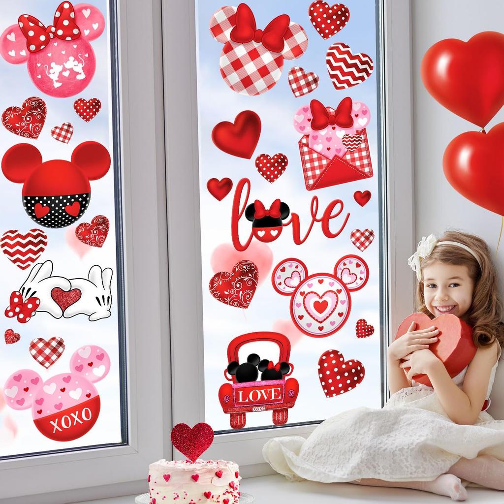 Red and Pink Valentine's Day Mouse Sticker Decals, 77pcs Reble Waterproof PVC Window Decorations for Home Party Supplies