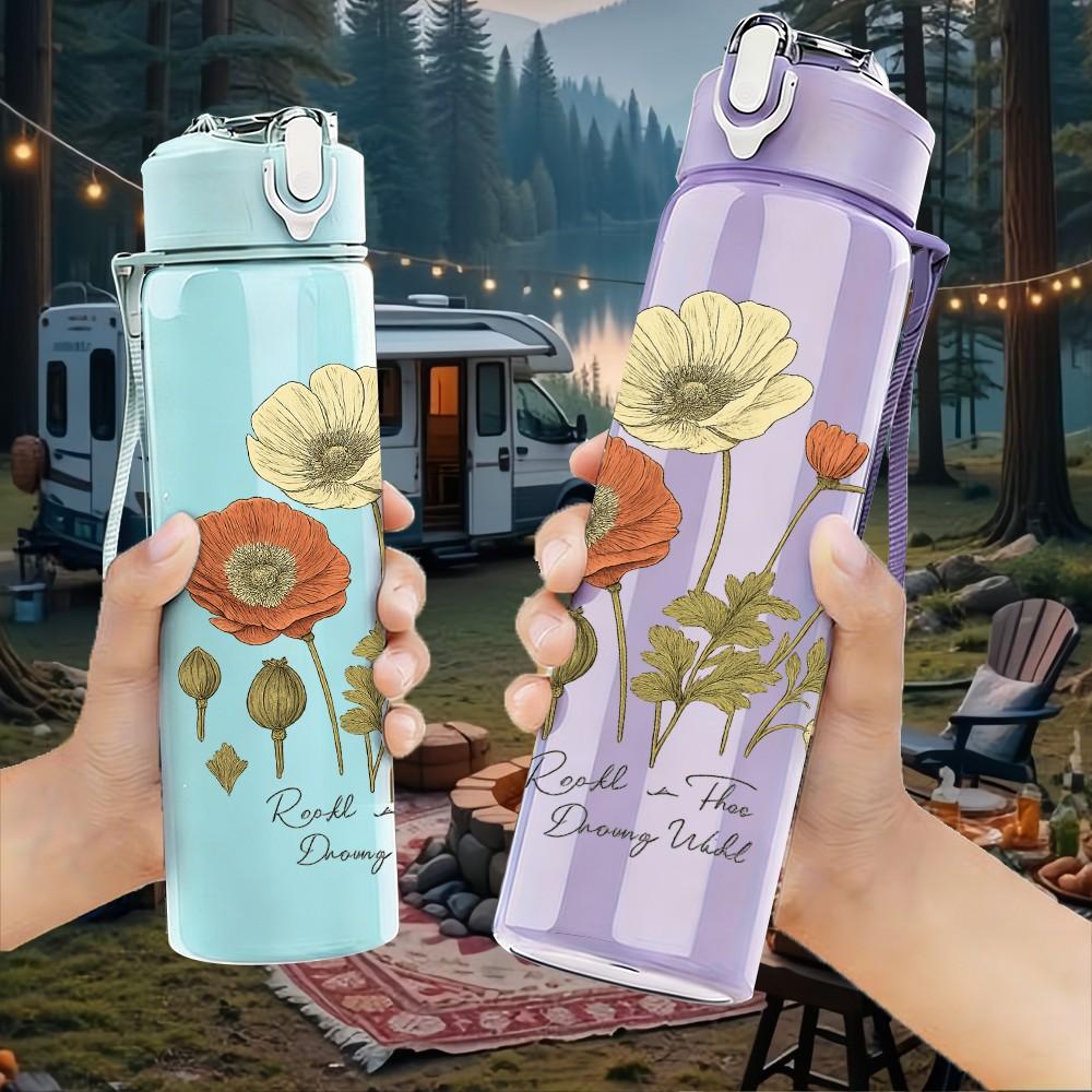 1PC Poppy Flower Botanical Art 750ml Color Plastic Sports Water Bottle Leakproof Flip Straw Lid Suitable for Sports Office Home Use