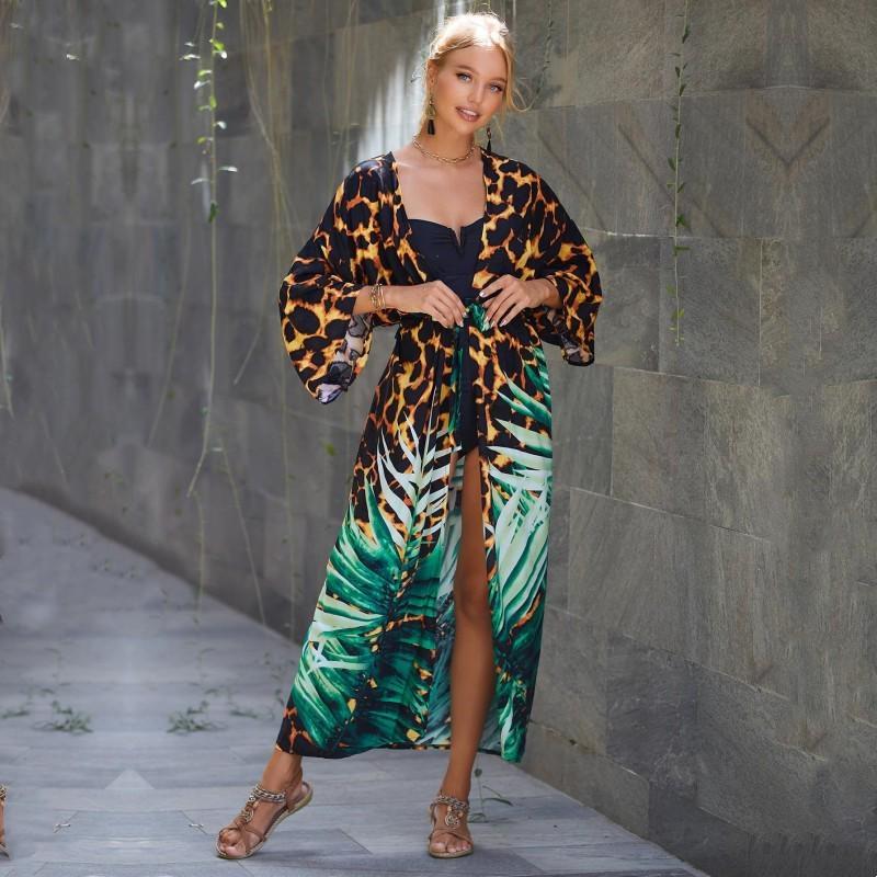 EDOLYNSA Зеленый купальник с леопардовым принтом, накидка в винтажную полоску с поясом, женское летнее длинное платье-кимоно, пляжное бикини, накидка Q1521