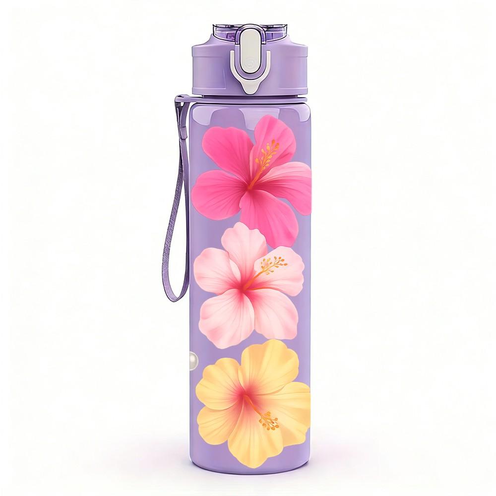 1PC Plumeria Flower Illustration 750ml Color Plastic Sports Water Bottle Leakproof Flip Straw Lid Suitable for Sports Office Home Use