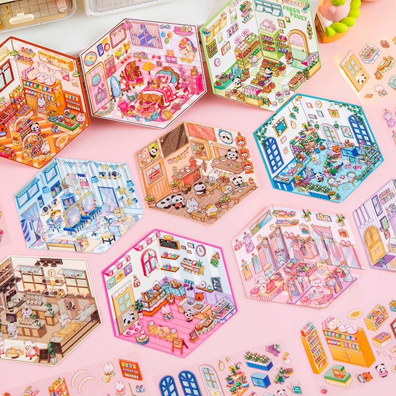 4 Набора Мультяшные Кавайные Миниатюрные Сцены Визуальные Наклейки для Складывания Миниатюрные 3D Наклейки со Сценами Пейзажей Наклейки для Рукоделия