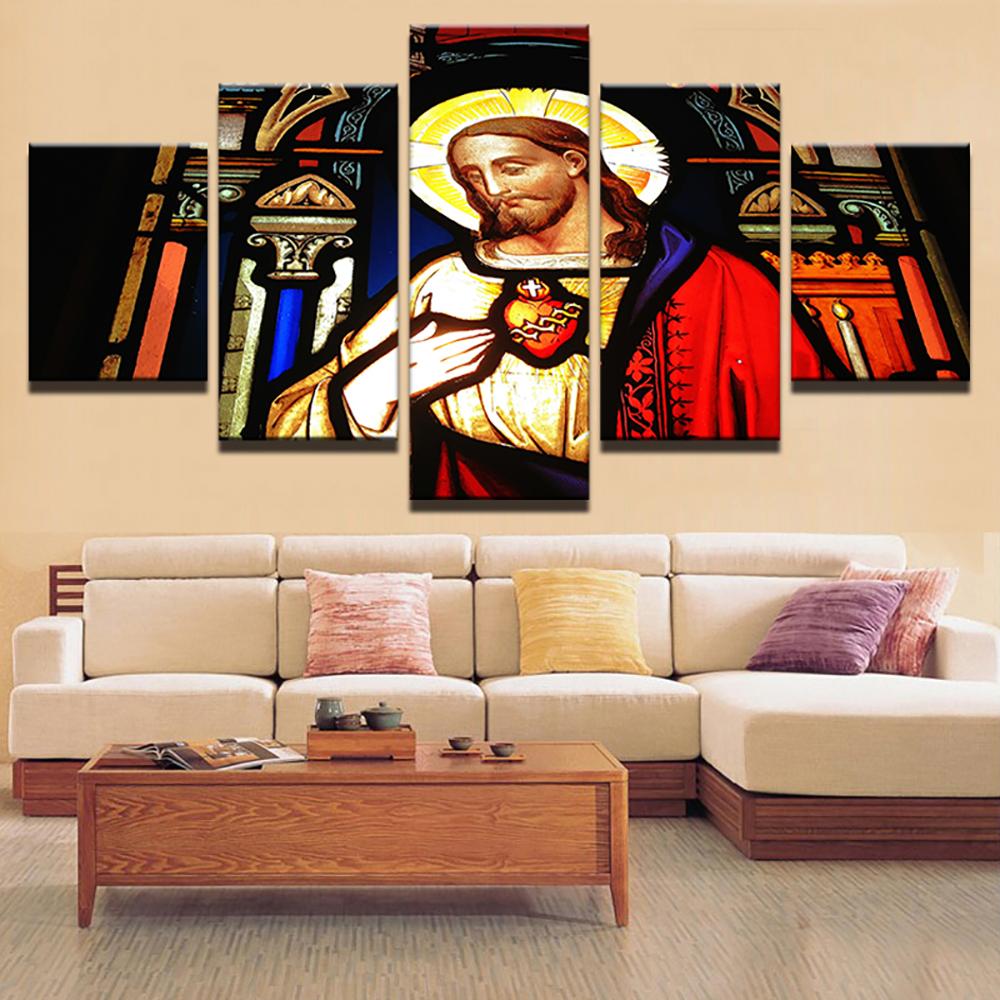 5 Pieces Canvas Wall Art Poster Painting Sacred Heart Of Jesus Wallpaper Home Decoration Living Room Picture Print Bedroom Mura