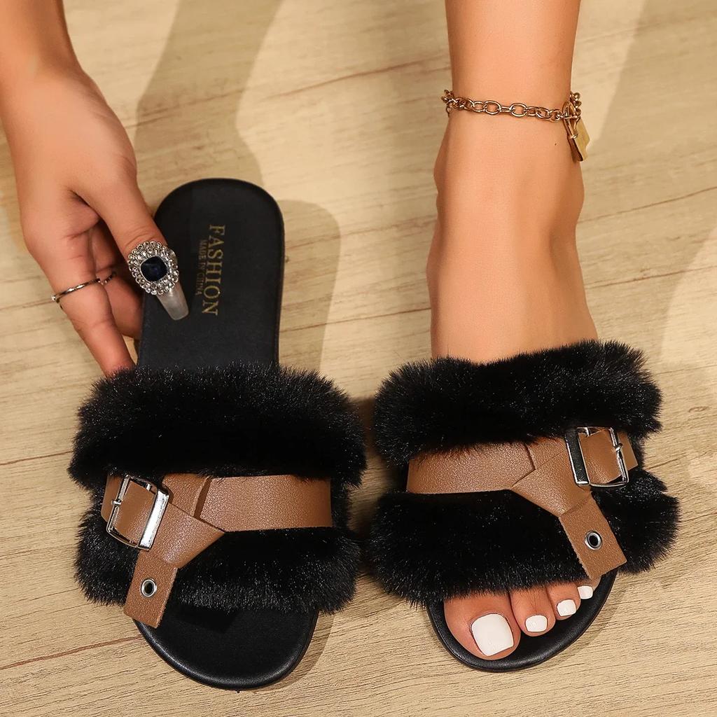 Модные женские плюшевые тапочки 2025 Нескользящая теплая обувь Модные плоские хлопковые тапочки Удобная домашняя обувь Шлепанцы Женские Zapatos De Mujer