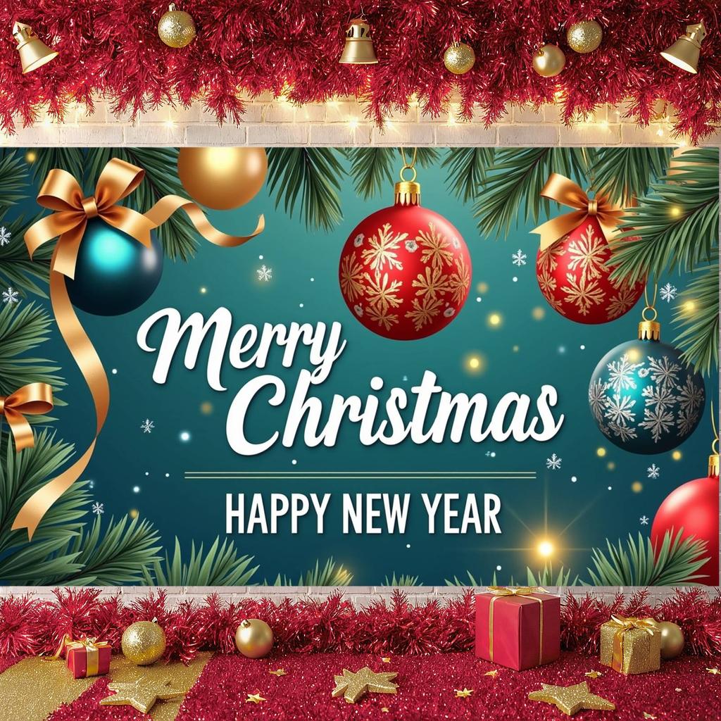 Merry Christmas Banner Colorful Ornaments Holiday Banner Christmas Party Banner Gold Bows For Indoor Decoration Office Home