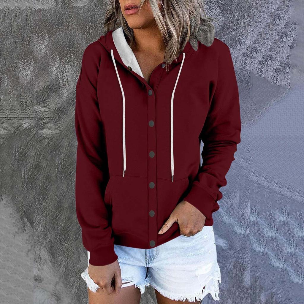 Women's Fashion Casual Solid Colour Button Hoodie Long Sleeve Sweatshirt Drawstring Jacket Coat