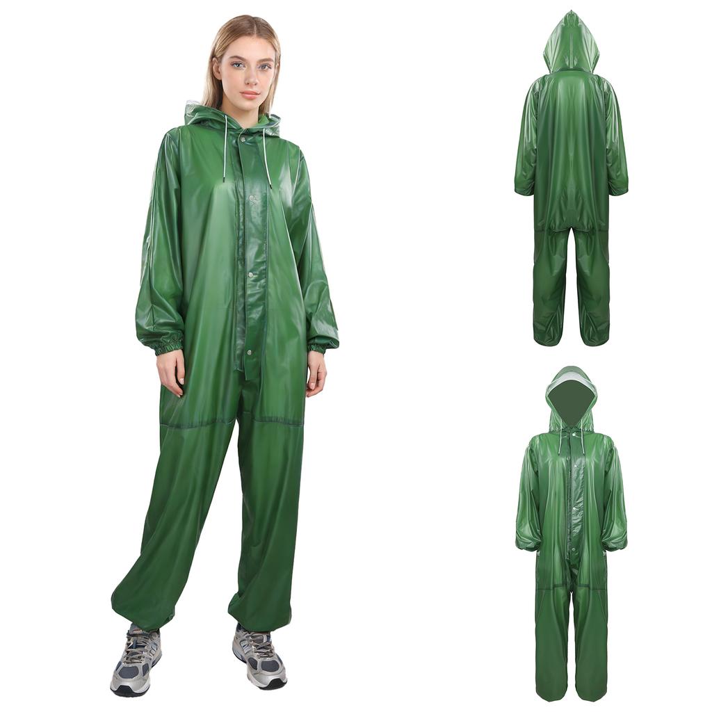 One Piece Waterproof Hooded Jumpsuit Rainwear Front Zipper and Button Fastening Drawstring Hood for Men Women Outdoor Work