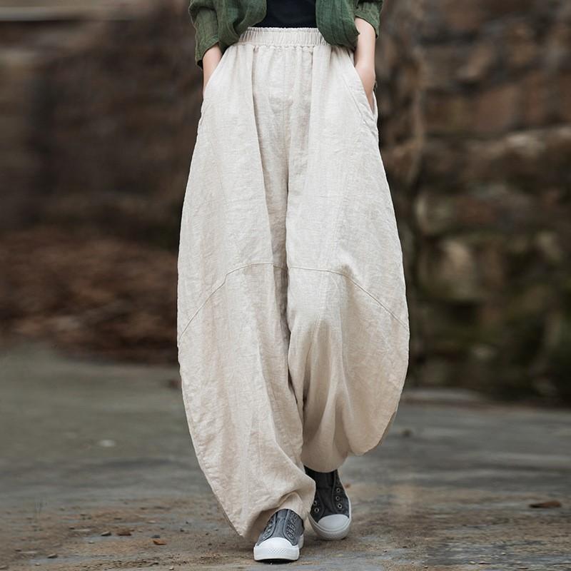 Johnature Женские винтажные широкие брюки Ramie, однотонные брюки с эластичной резинкой на талии, весенние лоскутные свободные женские брюки