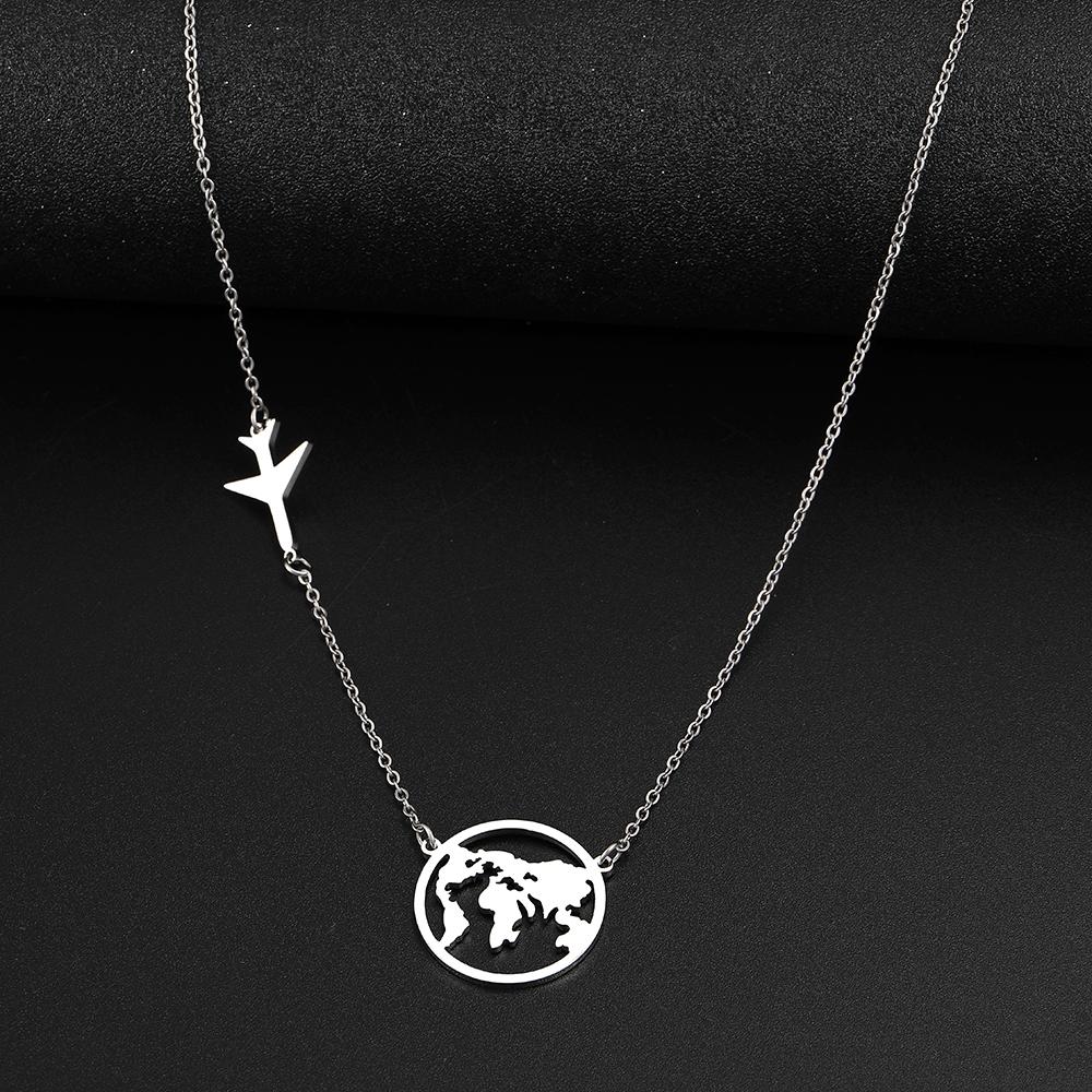 Stainless Steel Necklaces Airplane Globe Map Traveler Pendants Fashion Choker Chains Charms Male Necklace For Women Zircon Gift