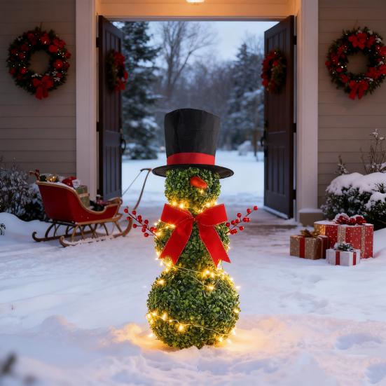 Рождественский топиарий Снеговик 31" Искусственное дерево-топиарий в форме снеговика с красным бантом и шляпой Санты, топиарий из искусственного самшита для домашнего декора, для крыльца, для сада