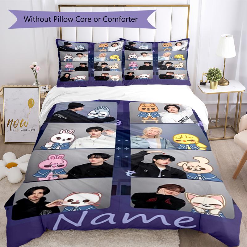3pcs Custom Name Stray Kids Bedding Set Duvet Cover Closure Includes 1 Duvet Cover & 2 Pillowcases, Soft and Comfortable for All Seasons.