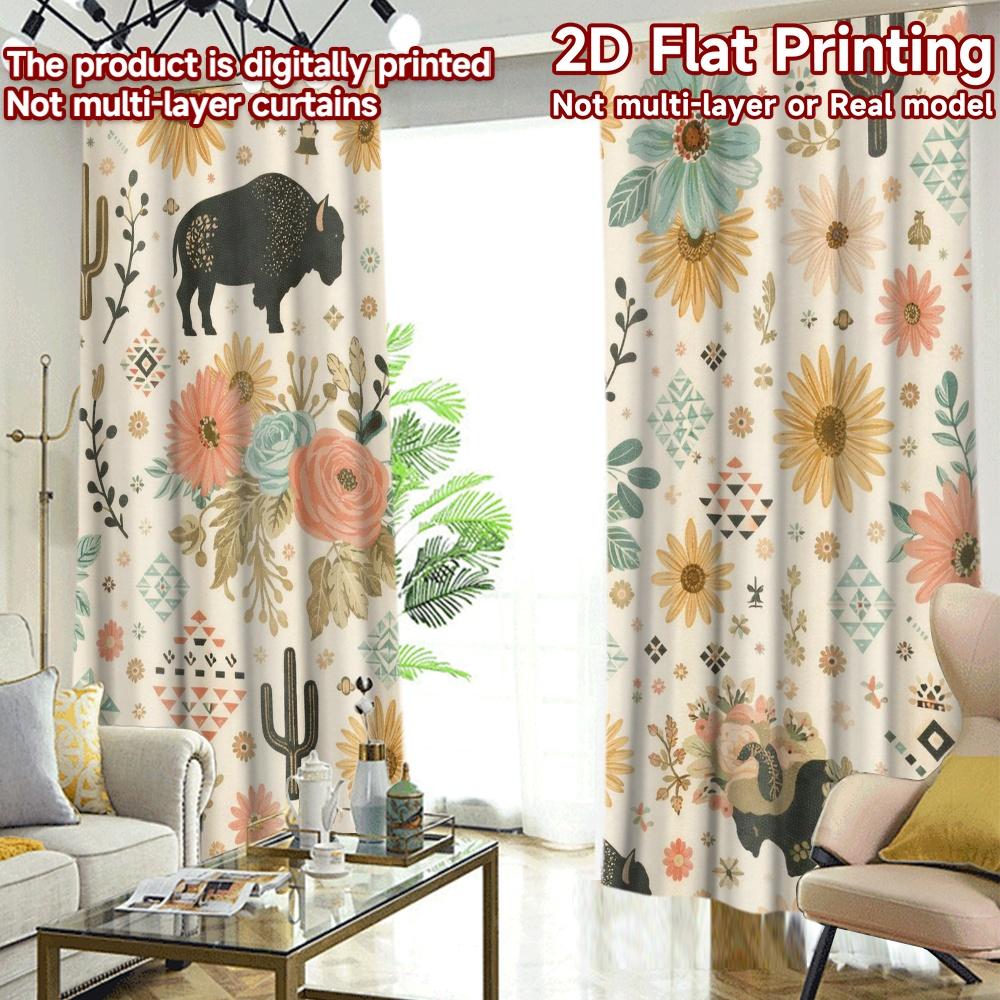 2D FLAT PRINTING 2pcs Curtains (Without Rod) Southwestern Floral Bison Chic Chic Curtains Prints Light Filtering Curtains Home